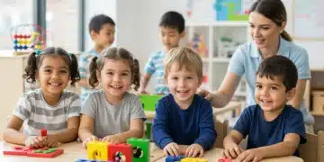 Children learning in a vibrant early childhood education classroom