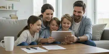 Happy family reviewing financial documents for child tax credit benefits