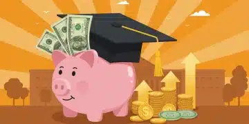 Graduation cap piggy bank with coins and dollar bills, symbolizing 529 plan education savings growth.