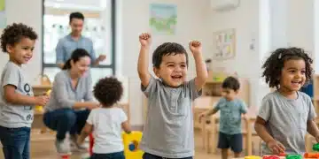 Children playing happily in a modern childcare center, symbolizing effective childcare subsidy programs.