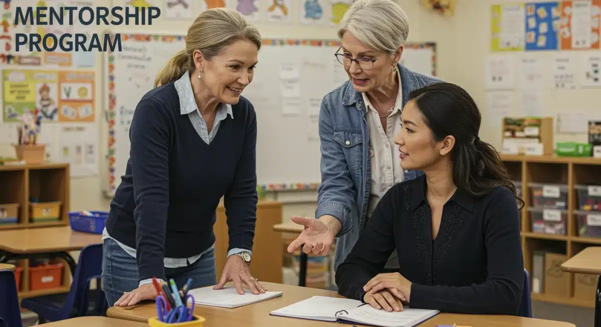 Experienced teacher mentoring a new educator in a vibrant classroom setting