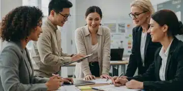 Teachers collaborating in a modern school, discussing ideas for innovative education