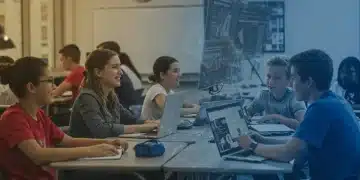 Diverse K-12 students engaging with modern technology in a classroom, symbolizing the 2026 federal education standards impacting curriculum.