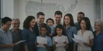 Diverse group benefiting from Medicaid expansion discussing healthcare documents