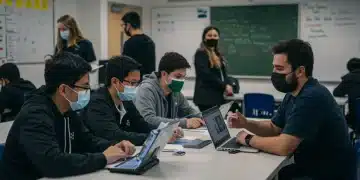 Students and teachers collaborating in a tech-enhanced classroom, symbolizing post-pandemic education recovery