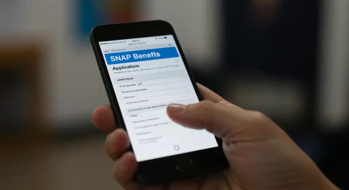 Person's hand using a smartphone to navigate a SNAP benefits application or information portal, representing digital access to support.