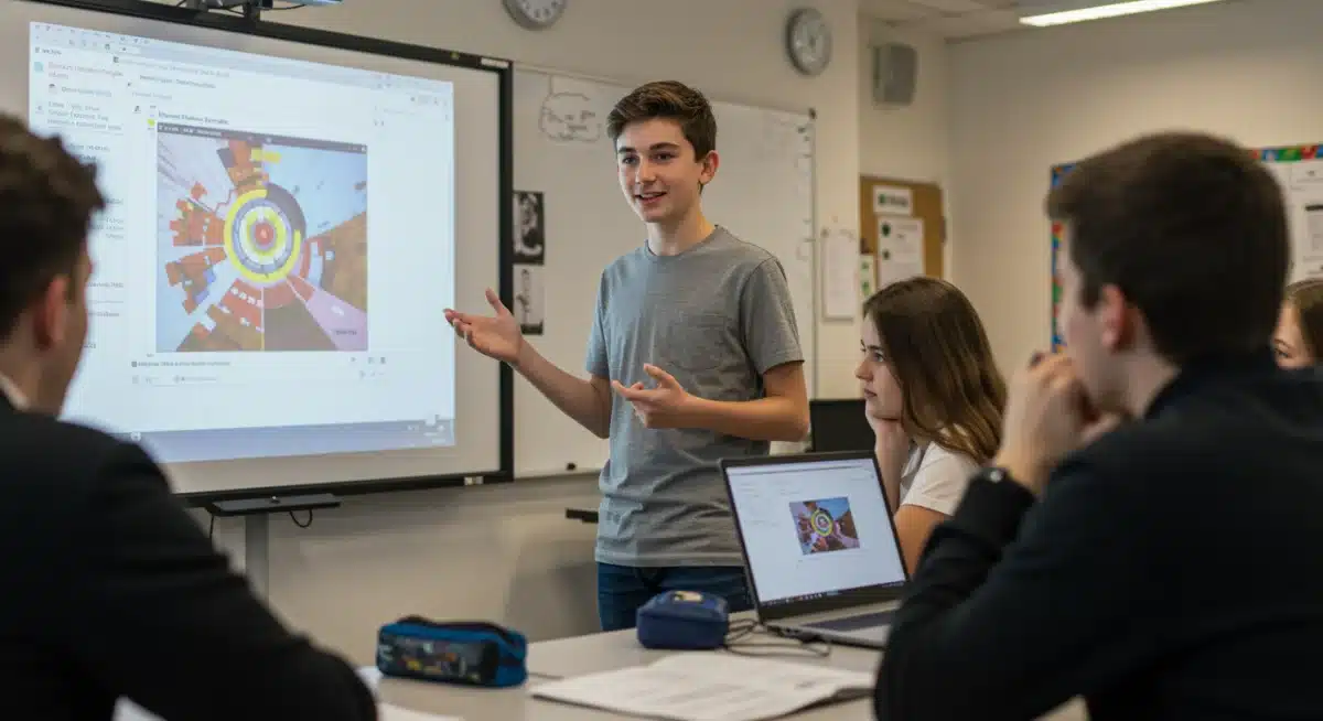 Student confidently presenting digital project in modern classroom