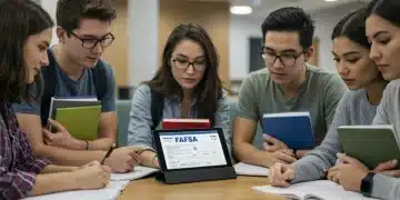 College students reviewing 2025 FAFSA financial aid forms on a tablet