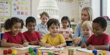 Children learning in a bright classroom, symbolizing universal pre-kindergarten education and its importance.