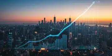 Futuristic city skyline with financial data overlays, representing the 2026 economic outlook and investment opportunities.