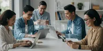 Adults learning online using various devices in 2026 with holographic interfaces