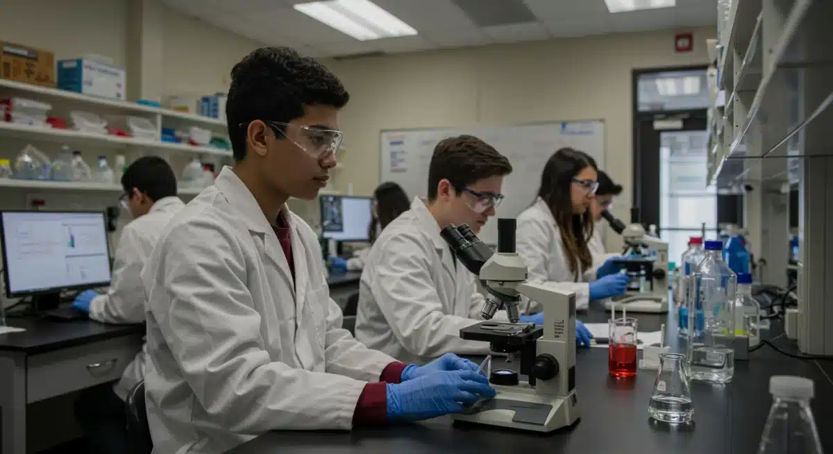 High school students conducting an advanced biology experiment in a modern lab
