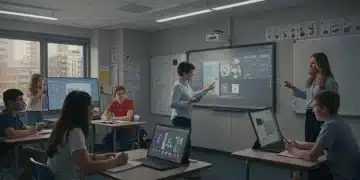 Futuristic K-12 classroom with AI tools and engaged students in 2026