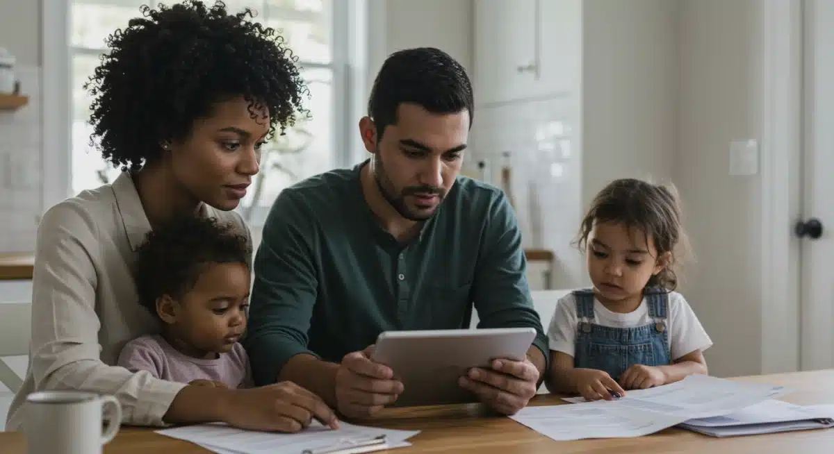 Parents reviewing financial documents and applying for child care subsidies online.