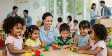 Happy children playing at a modern childcare facility with a smiling caregiver.