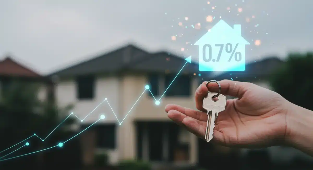 Hand holding house key with 0.75% interest rate impact and rising financial indicators