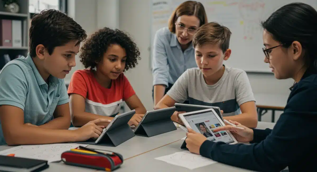 Students collaborating with AI educational software in K-12 classroom