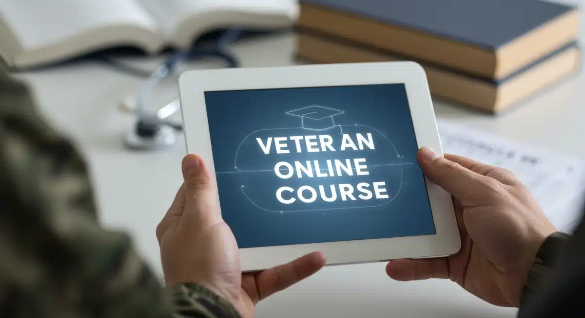 Veteran utilizing digital education resources with healthcare elements.
