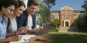 Students preparing for 2026 college admissions with laptops and notebooks