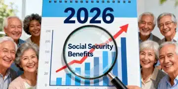 Calendar showing 2026 with upward financial graphs and magnifying glass on Social Security benefits, symbolizing financial growth and planning for retirement.