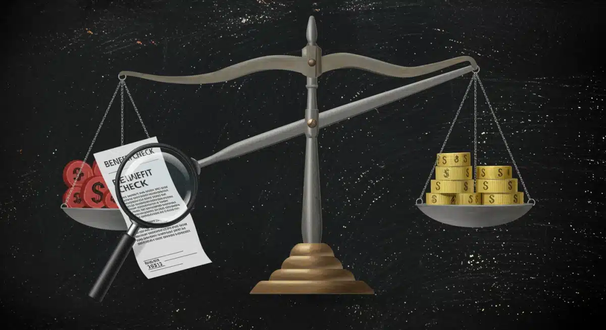 Illustration of a scale balancing benefit checks and cost of living, with costs slightly outweighing benefits, highlighting financial challenges.