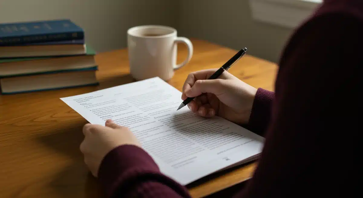 Student carefully writing and reviewing their college application essay