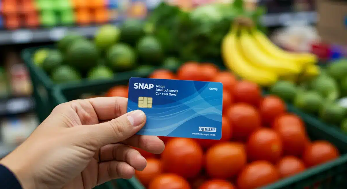 Hand holding an EBT card at a grocery store, representing access to food through SNAP benefits.