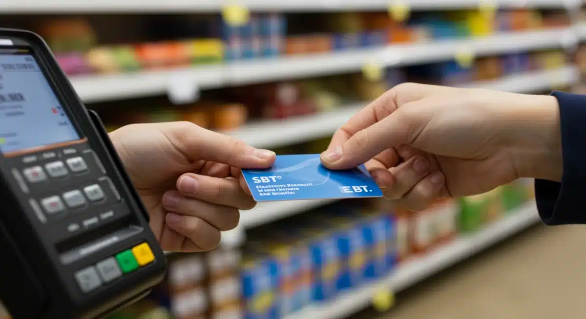 Hand using EBT card at grocery store checkout