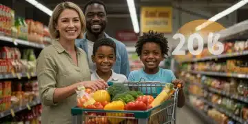 Family smiling with full grocery cart, symbolizing maximized SNAP benefits and food security in 2026.