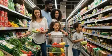 Family happily grocery shopping with full cart