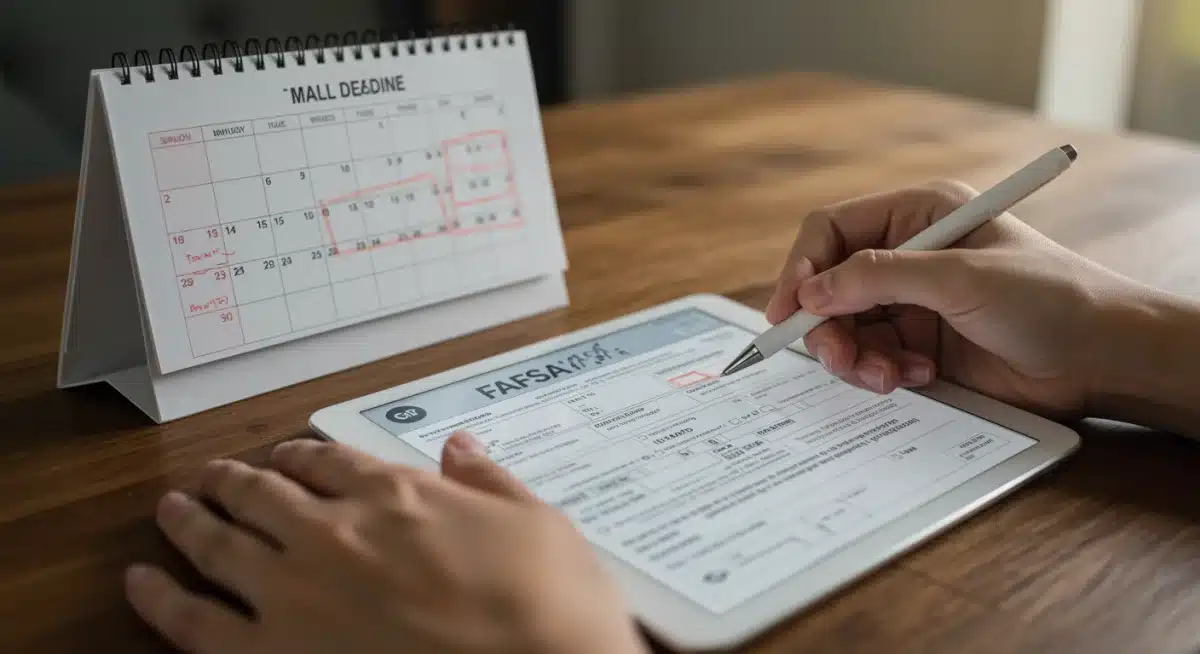 Hand filling out a digital FAFSA form, highlighting important deadlines.
