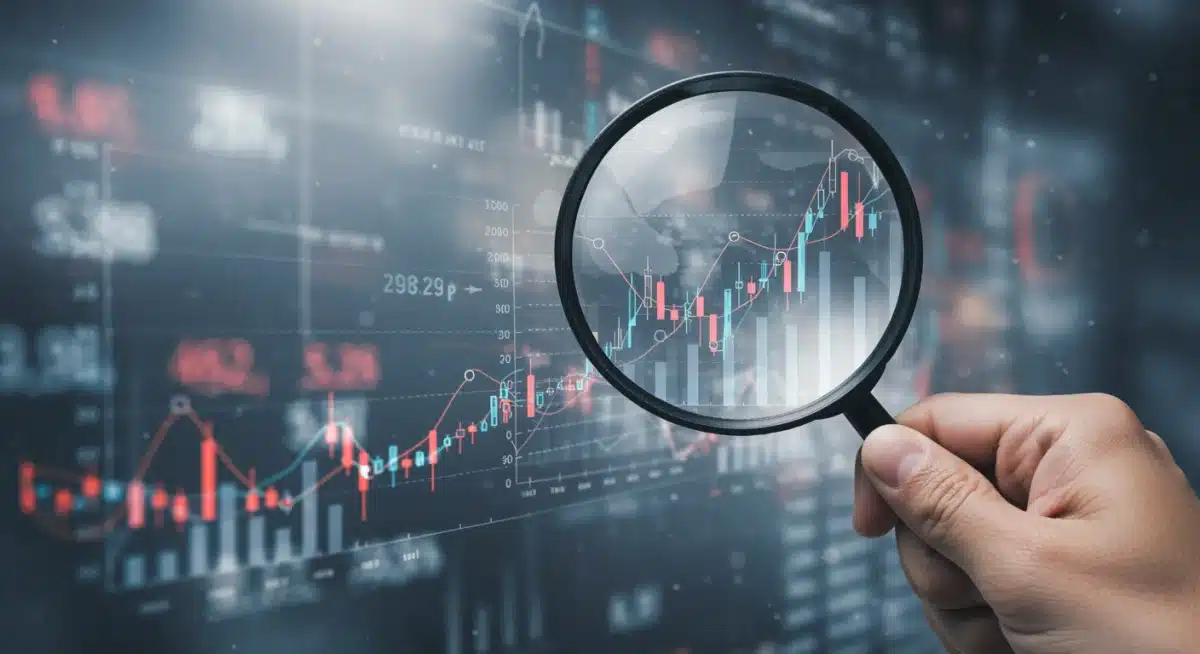 Magnifying glass over financial chart representing in-depth market analysis and research