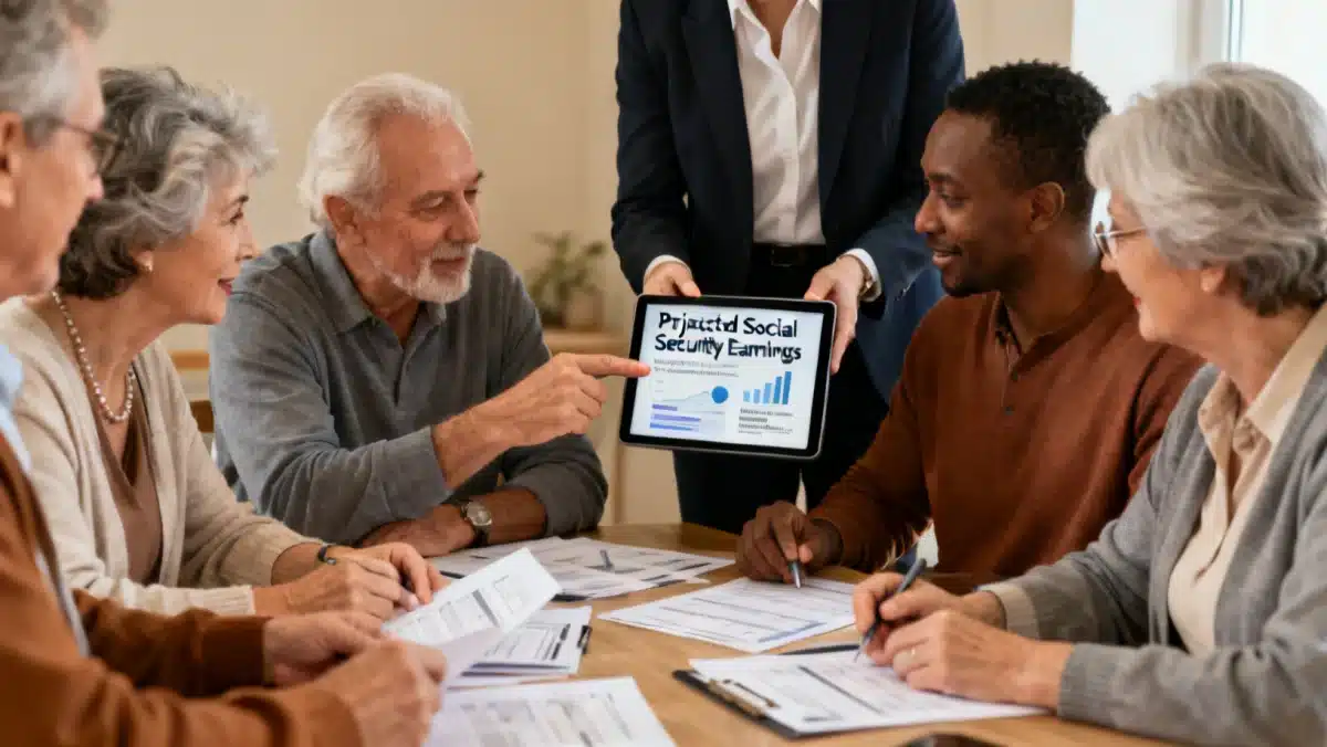Diverse retirees and financial advisor discussing Social Security projections on a tablet, highlighting personalized retirement planning.