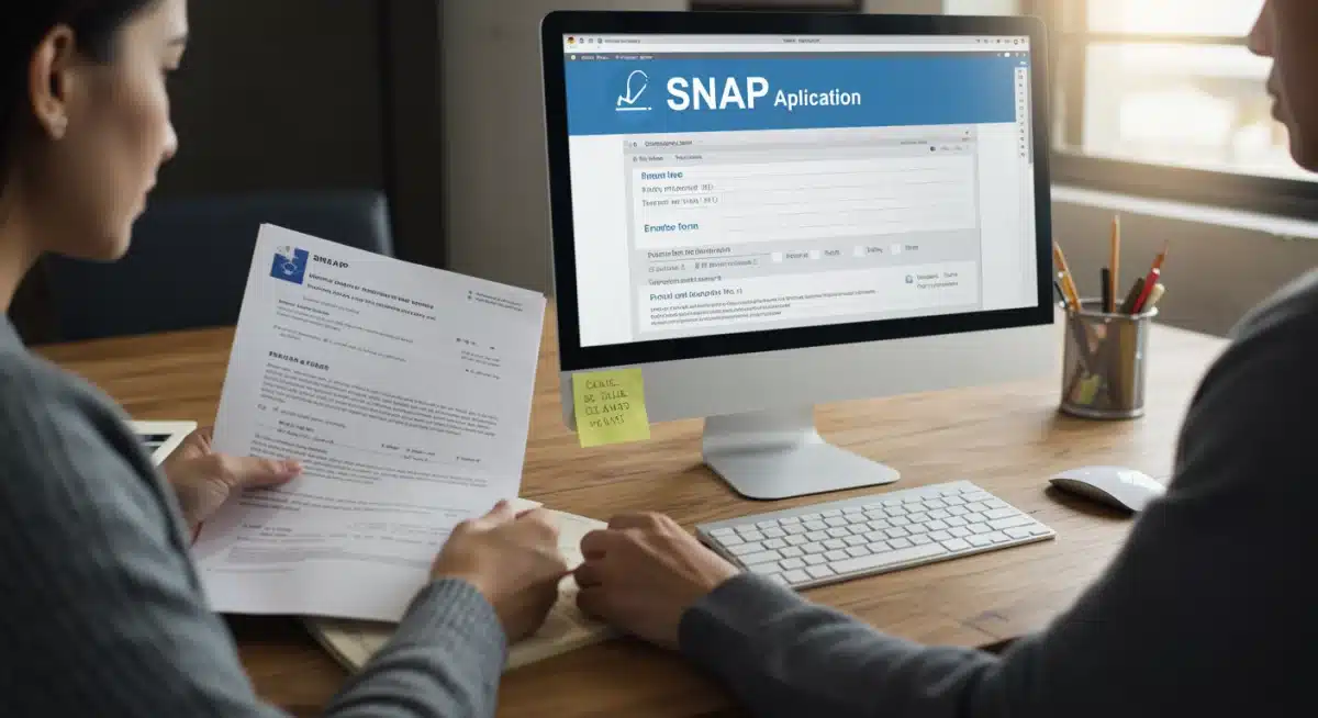 Person reviewing SNAP application documents on a computer, emphasizing careful preparation for benefits.