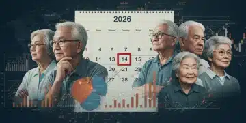 Calendar highlighting 2026 with financial charts and diverse group of thoughtful retirees, symbolizing future Social Security planning.