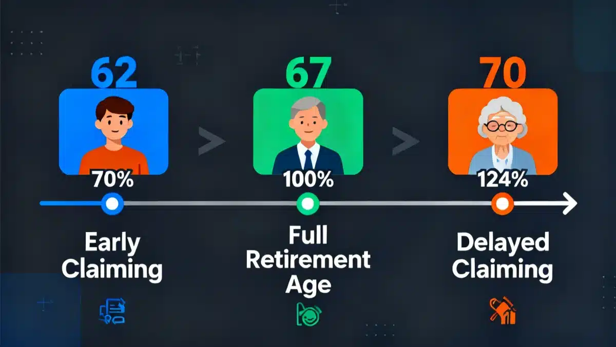 Infographic showing Social Security claiming ages and their impact on benefit amounts, with percentages for early, full, and delayed retirement.