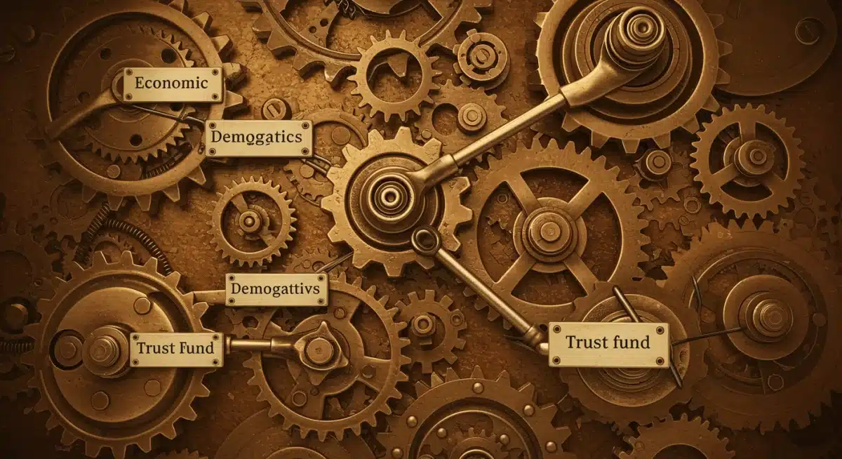 Complex network of interconnected gears labeled economic factors, demographics, and legislative changes, symbolizing the intricate system of Social Security.