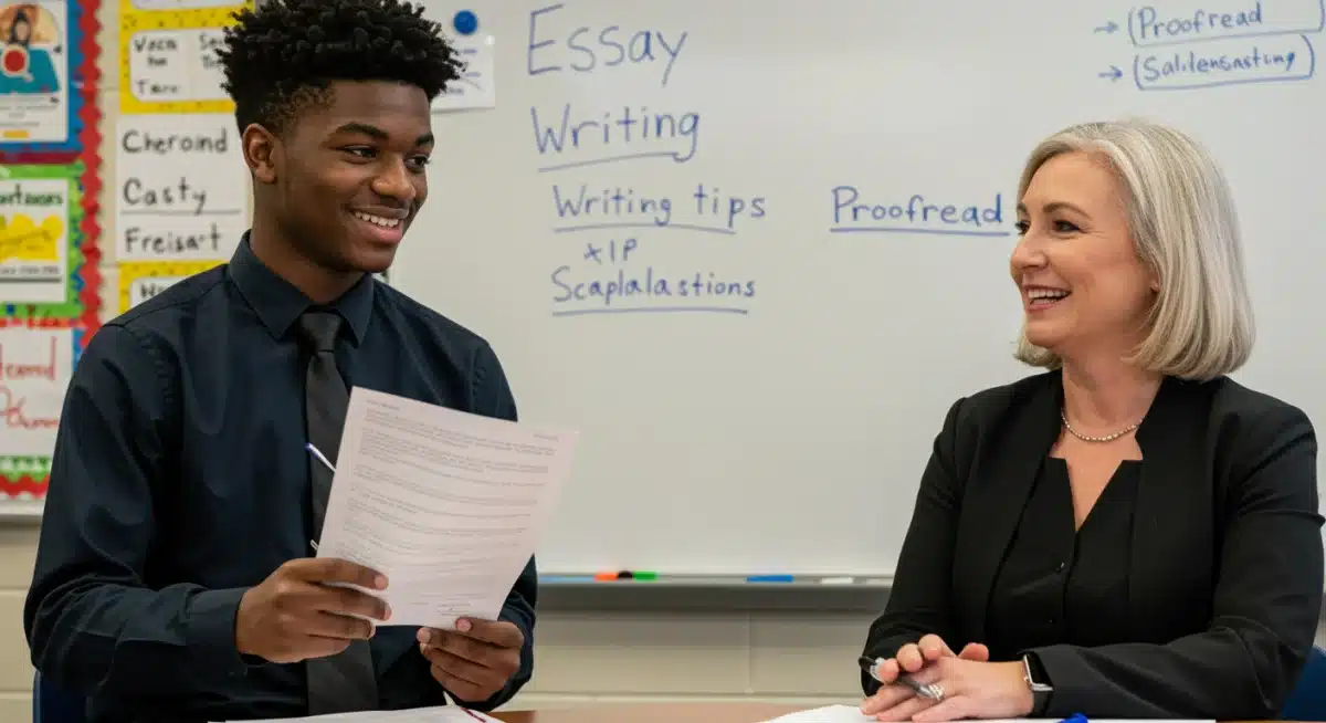 Student receiving positive feedback on a scholarship essay from a teacher