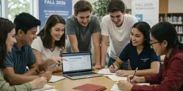 Students diligently working on college scholarship applications for Fall 2026 admissions