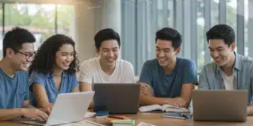 Students smiling and studying, representing successful higher education and financial aid.