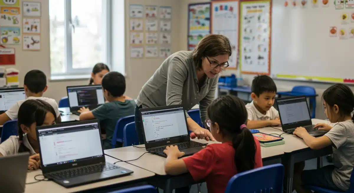 Elementary school students learning to code with a teacher, highlighting early STEM engagement.