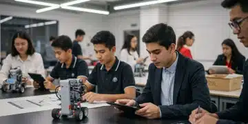 Students collaborating on a robotics project in a futuristic STEM classroom, symbolizing the future of education.
