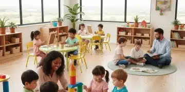 Happy children learning in a modern early childhood classroom with a supportive teacher.
