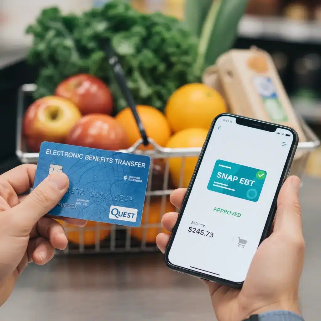 EBT card and smartphone for SNAP benefits, with groceries.
