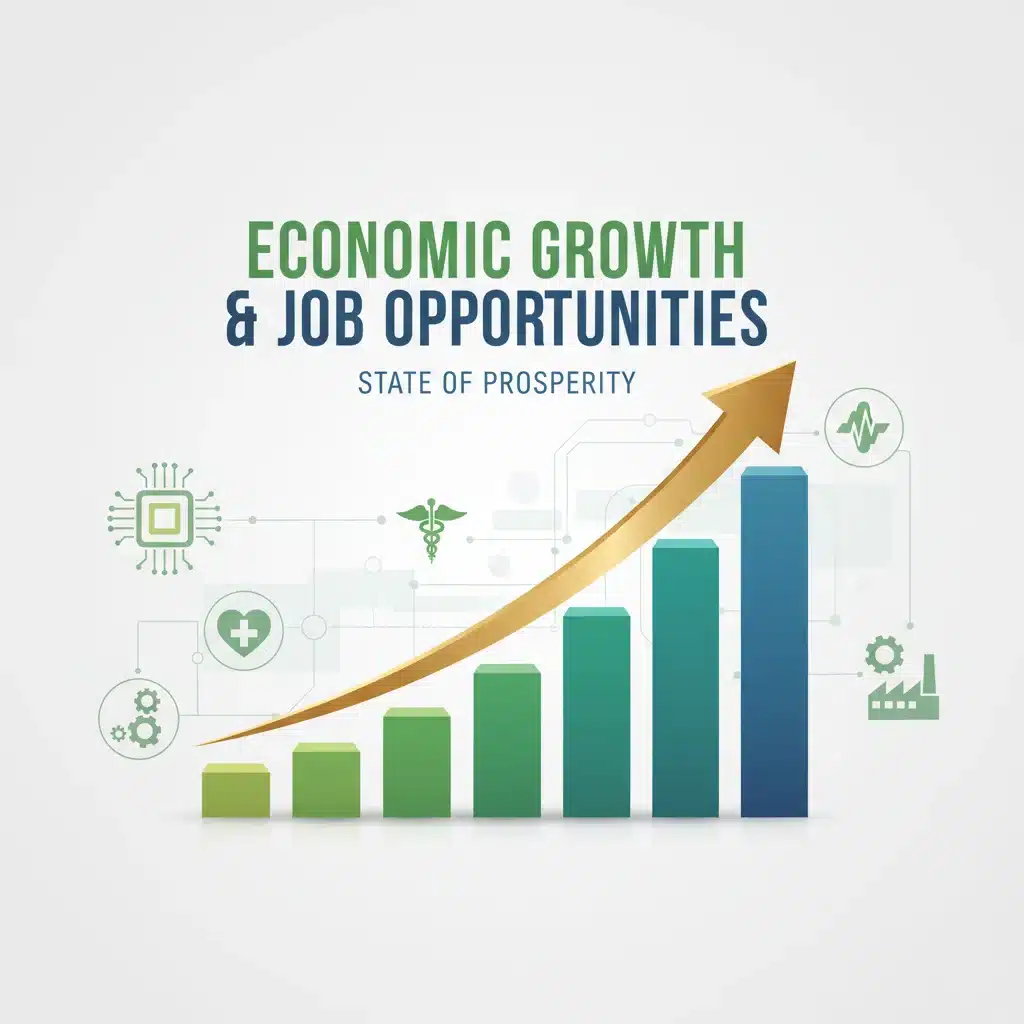 Economic growth chart with diverse industry icons