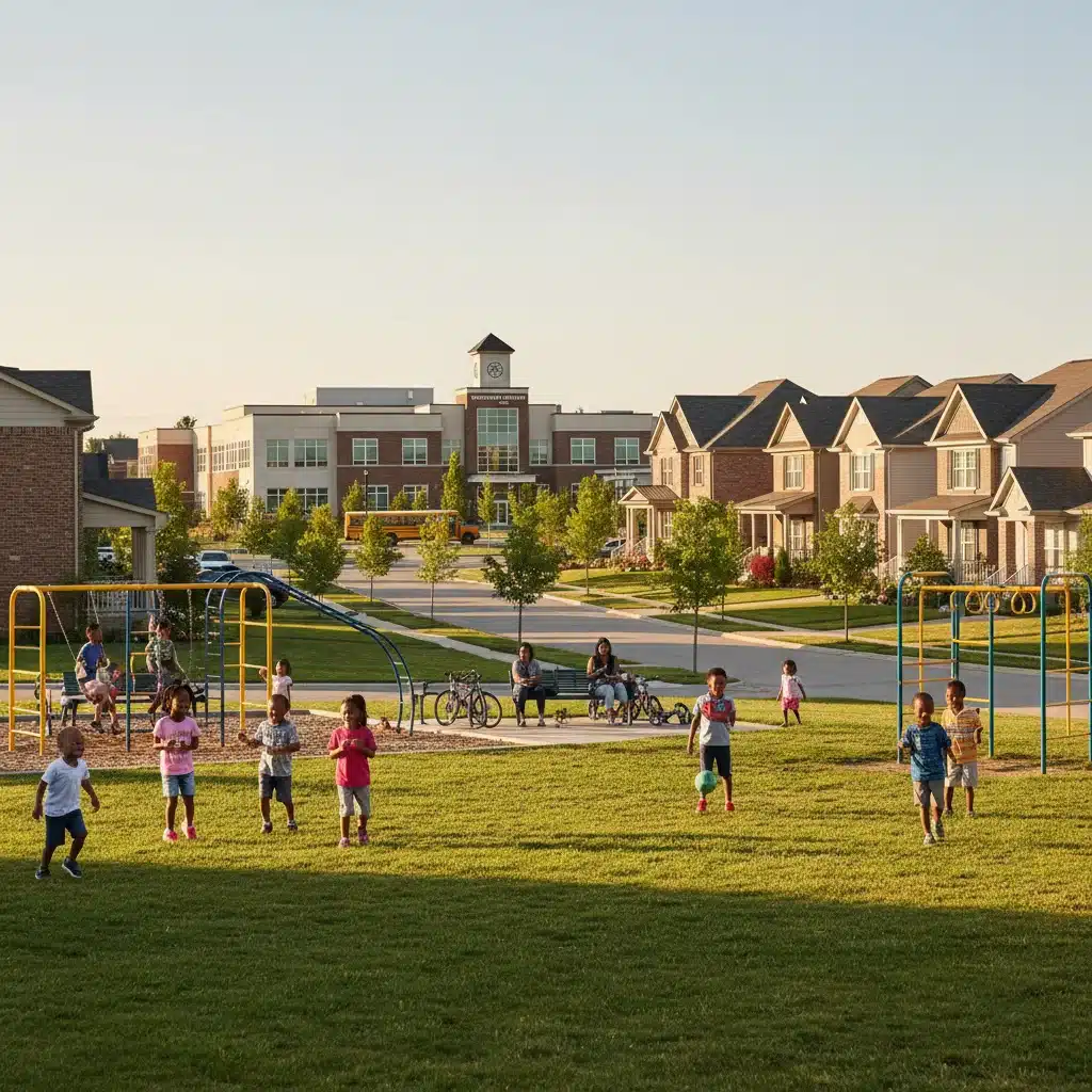 Suburban neighborhood with park and schools, family-friendly