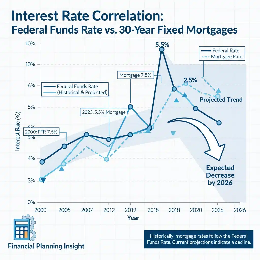 Infographic showing correlation between Federal Funds Rate and 2026 mortgage rates.