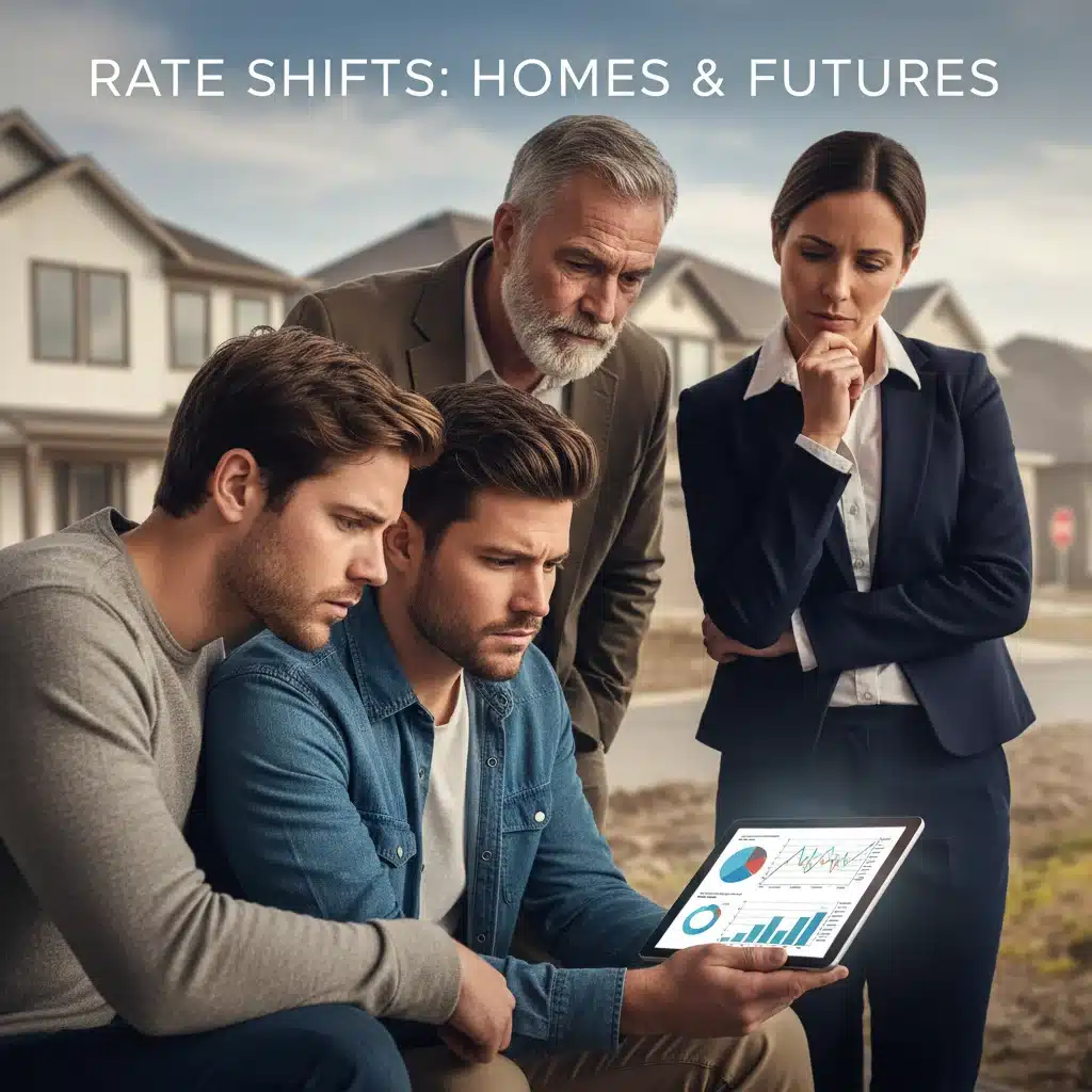 Diverse group analyzing financial charts related to homeownership and mortgage rates.