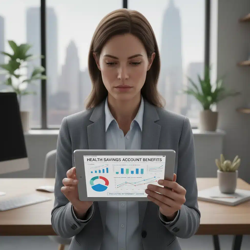 Person analyzing HSA financial data on a tablet for strategic planning.