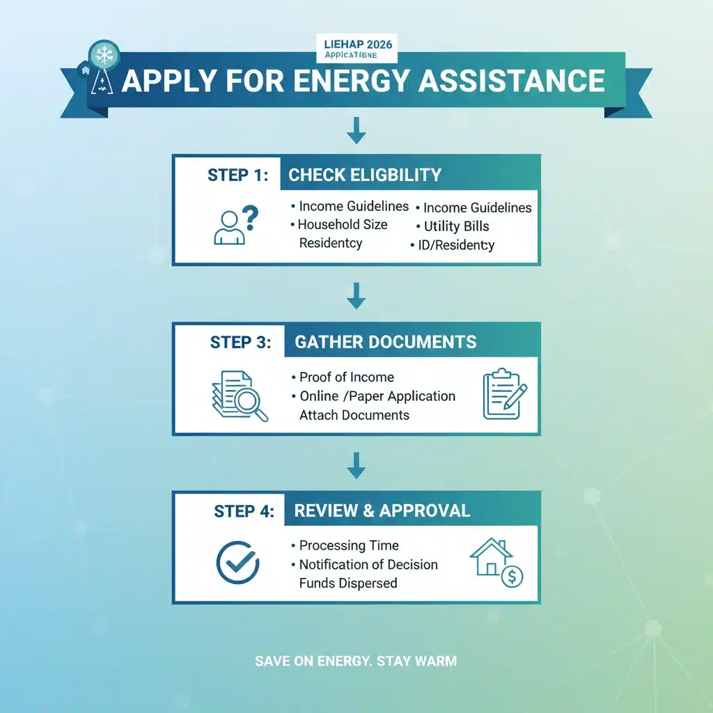 Infographic detailing the step-by-step application process for the LIHEAP 2026 program.